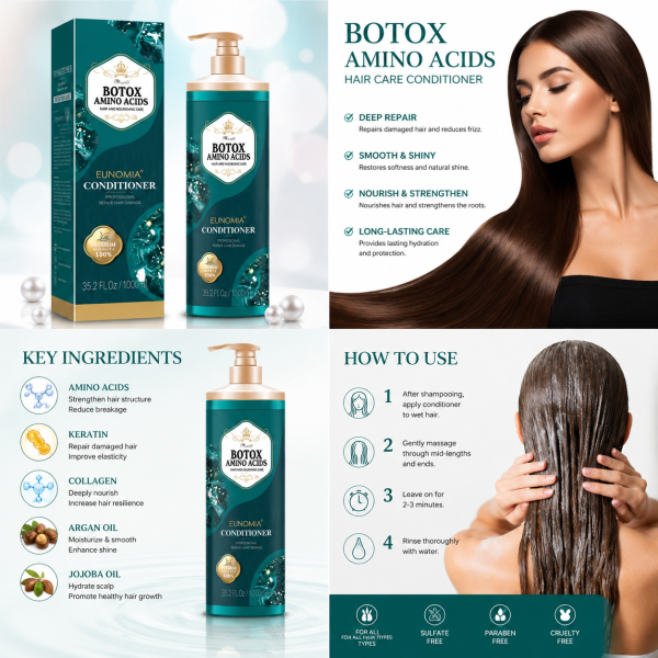 Eunomia Botox Amino Acids Sulfate Free Shampoo 1000ml – Deep Repair & Frizz Control for Dry, Damaged, Color-Treated & Keratin-Treated Hair