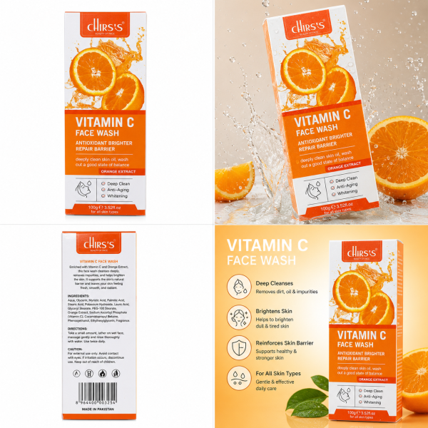 Chris's Beauty Vitamin C & Orange Extract Face Wash – Deep Cleansing, Brightening Facial Cleanser for Daily Use, Removes Oil, Dirt & Impurities