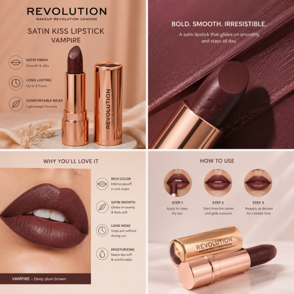 Makeup Revolution London Satin Kiss Lipstick Vampire Creamy Satin Finish Lip Color