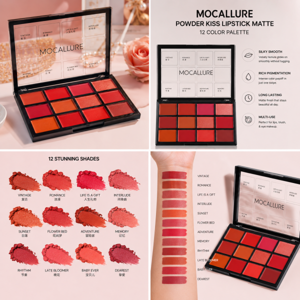 Mocallure Powder Kiss Matte Lipstick Palette 12 Colors Long Lasting Velvet Finish