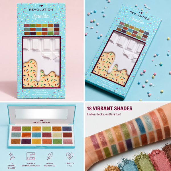 I Love Revolution Sprinkle Eyeshadow Palette – 18 Color Matte & Shimmer Eyeshadow Palette for Everyday & Bold Eye Makeup Looks