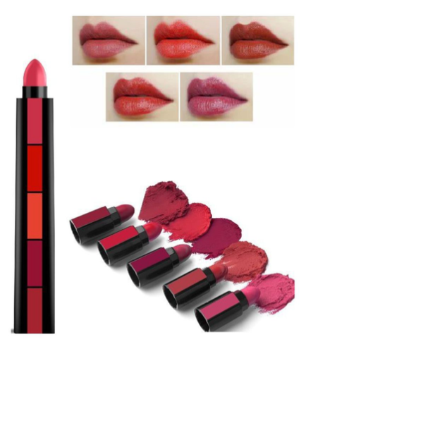 5 in 1 Matte Finish Lipstick - Long Lasting Color in Red and Nude Shades