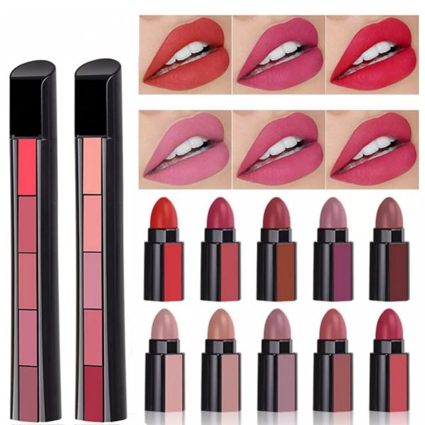 Beautious 5-in-1 Mini Matte Lipstick Kit with Poppy and Nude Shades - Portable Color Set