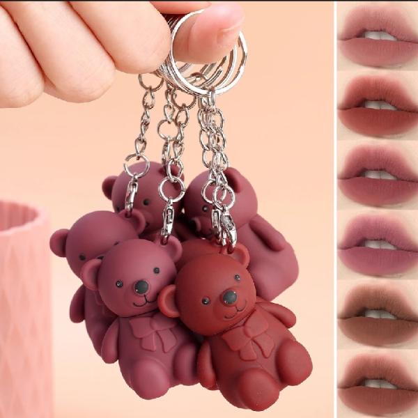 Teddy Bear Keychain Style Matte Lip Gloss with Smooth Finish and Portable Design for Girls
