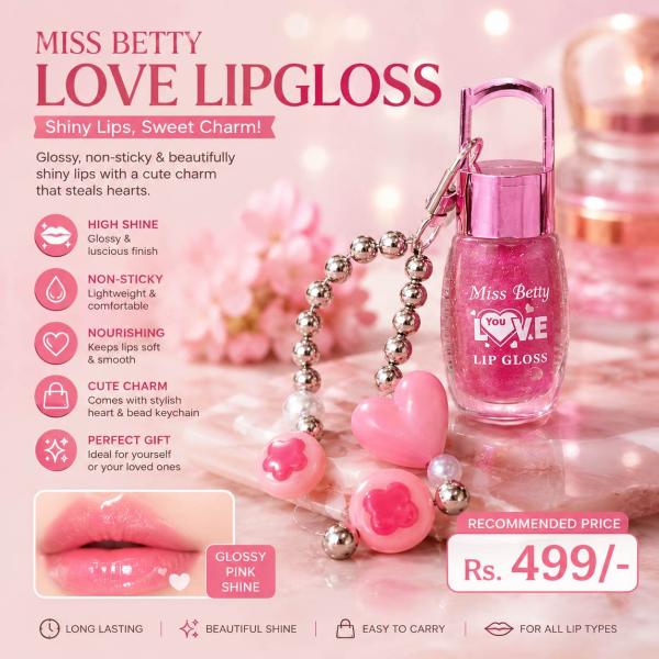 Miss Betty Love Lip Gloss Keychain with Glitter - Moisturizing, Cute Heart Charm