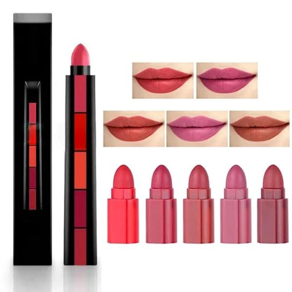 5 in 1 Matte Lipstick Set with Red, Brown, Nude, Pink & Maroon Shades - Long-Lasting Creamy Waterproof Lip Gloss