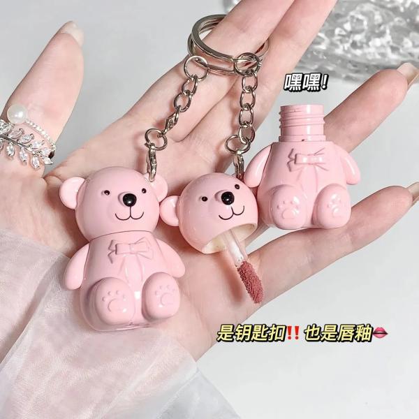 Gloss Texture Lip Glaze with Bear Paradise Velvet Keychain - Long Lasting Lip Mud Lipstick for Women & Girls