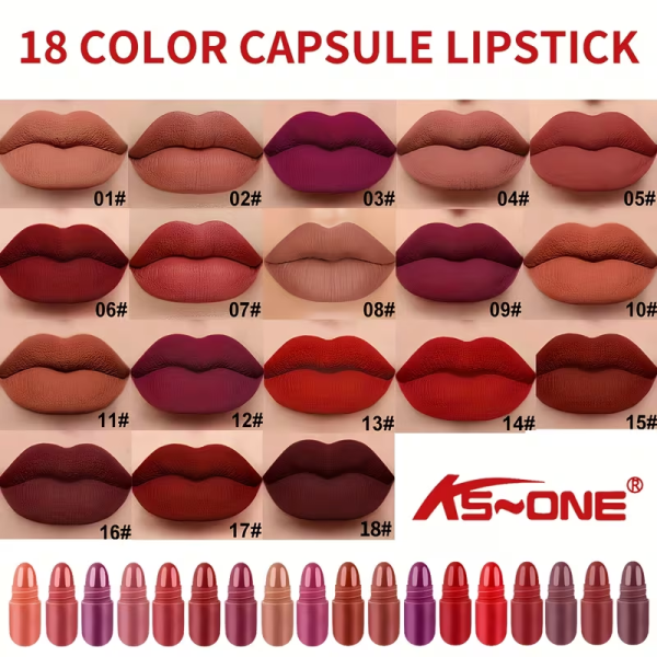 18-Piece Mini Capsule Lipstick Set - 18 Vibrant Colors, Matte Velvet Finish, Waterproof and Long-Lasting