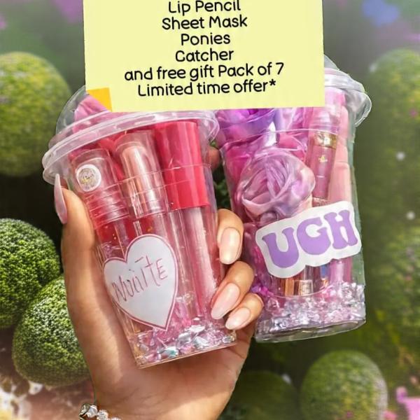 Girly Gift Cup Set with Lip Gloss, Lip Oil, Perfume & Hair Accessories for Girls and Women