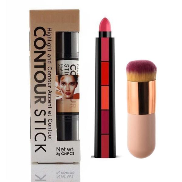 Makeup Bundle: 3 Chubby Pier Foundation Brushes + Wonder Contour Stick + 5-in-1 Lipstick Set