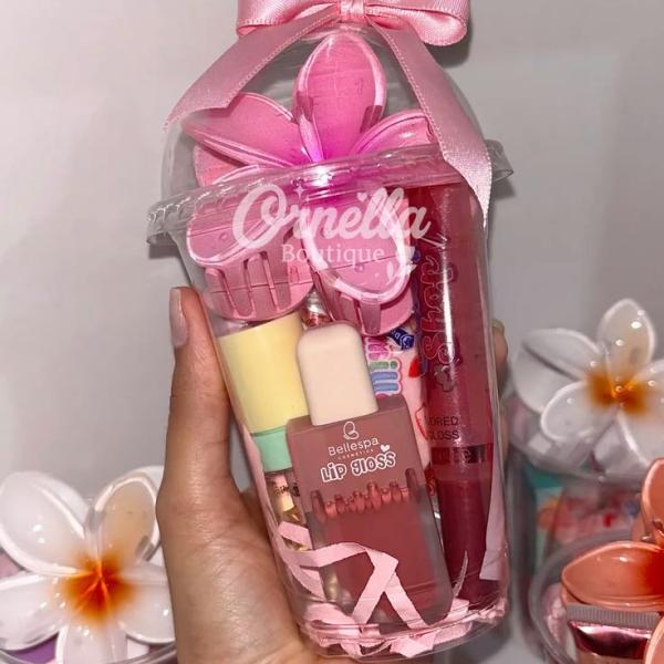 Girly Gift Cup Set with Lip Gloss, Lip Oil, Perfume & Hair Accessories for Girls and Women
