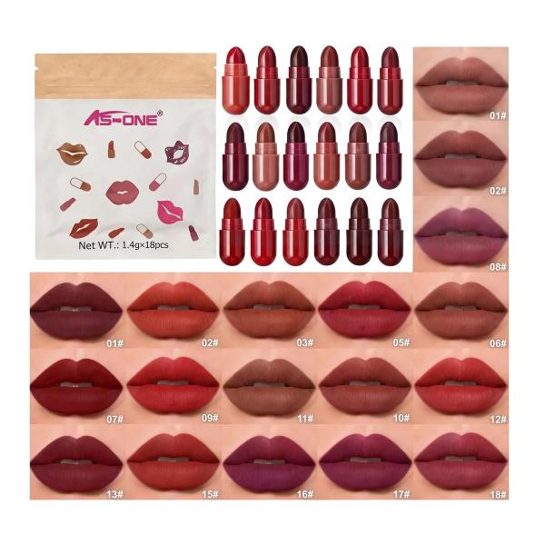 18-Piece Mini Capsule Lipstick Set - 18 Vibrant Colors, Matte Velvet Finish, Waterproof and Long-Lasting