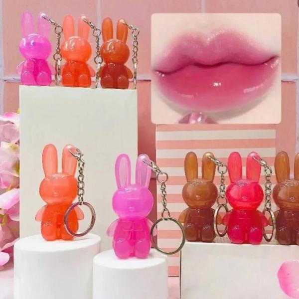 Gloss Texture Lip Glaze with Velvet Bear Keychain – Long-Lasting Lip Mud Lipstick for Women and Girls