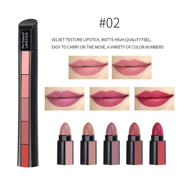 5 in 1 Matte Finish Lipstick - Long Lasting Color in Red and Nude Shades