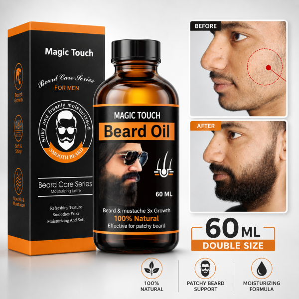 Magic Touch Beard Growth Oil for Men | Beard Growth Guaranteed with Argan 3x faster Growth | For Beard Growth | Softness| Shine | Patchy Beard | 60 ml