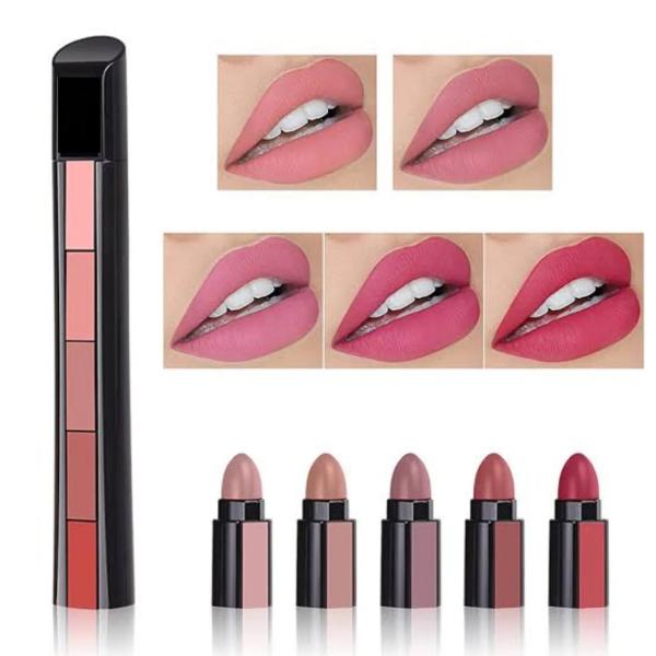 Beautious 5-in-1 Mini Matte Lipstick Kit with Poppy and Nude Shades - Portable Color Set
