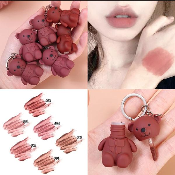 Teddy Bear Keychain Style Matte Lip Gloss with Smooth Finish and Portable Design for Girls
