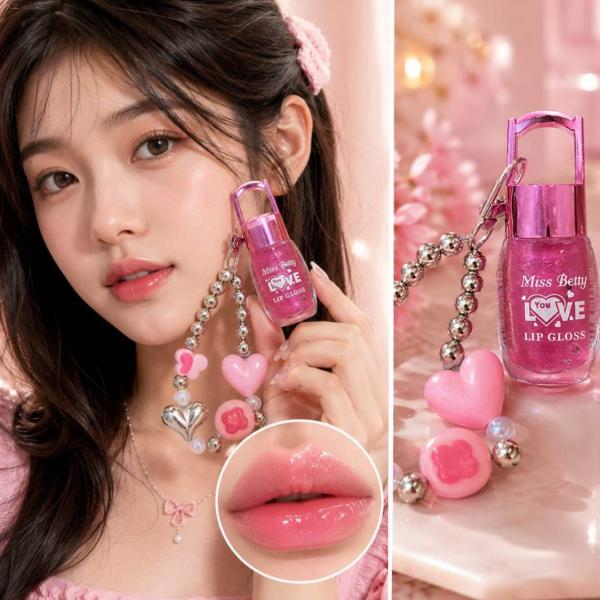 Miss Betty Love Lip Gloss Keychain with Glitter - Moisturizing, Cute Heart Charm