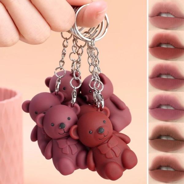 Gloss Texture Lip Glaze with Velvet Bear Keychain – Long-Lasting Lip Mud Lipstick for Women and Girls