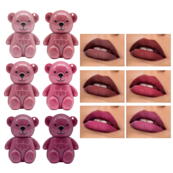 MOCALLURE Bear Matte Lip Gloss Keychain Pack of 6 with Magic Color Changing Pink Shade