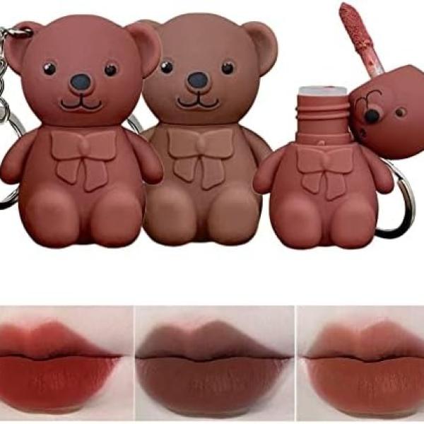 Gloss Texture Lip Glaze with Velvet Lip Bear Keychain - Long Lasting Lipstick for Women and Girls