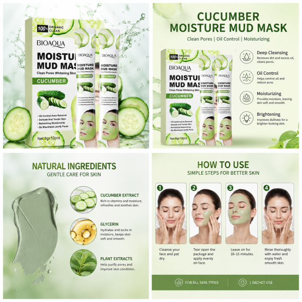 BIOAOUA Cucumber Mud Face Mask 10Pcs Oil Control Refreshing 80g