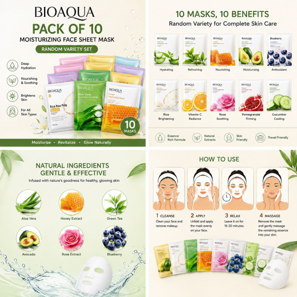 BIOAQUA 10-Pack Moisturizing Face Sheet Masks Random Variety Set