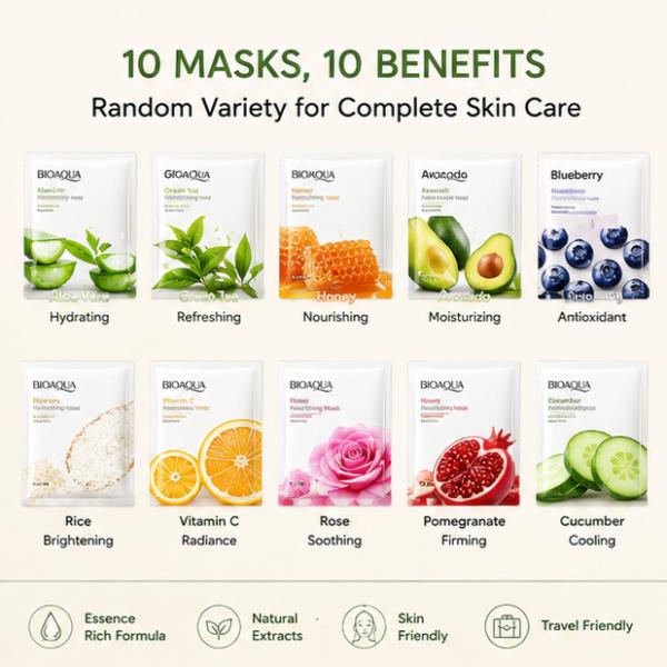 BIOAQUA 10-Pack Moisturizing Face Sheet Masks Random Variety Set