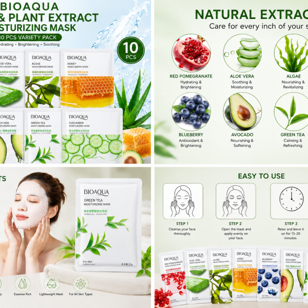 BIOAQUA Pack of 10 Fruit & Plant Extract Facial Sheet Masks Hydrating Glow