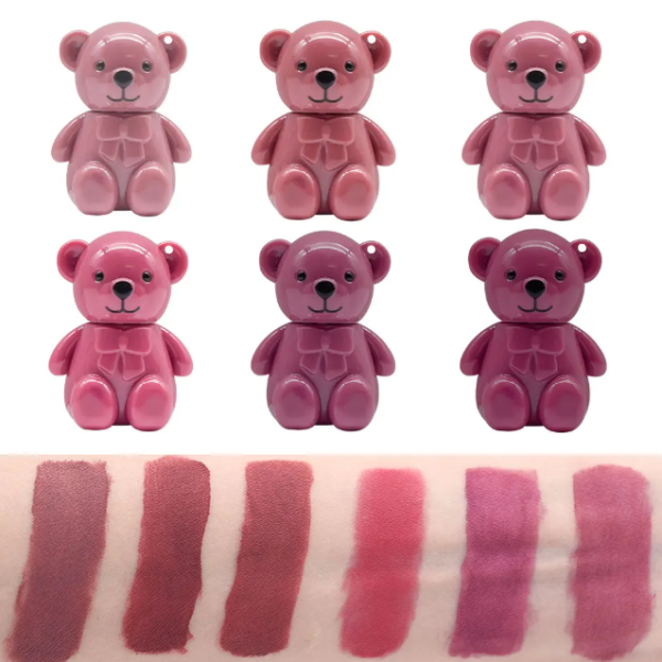 MOCALLURE Bear Matte Lip Gloss Keychain Pack of 6 with Magic Color Changing Pink Shade