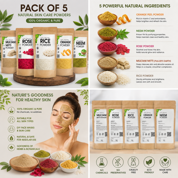 Delhi Gate Organic Pack of 5 Skin Care Powders – Neem, Rose & Rice