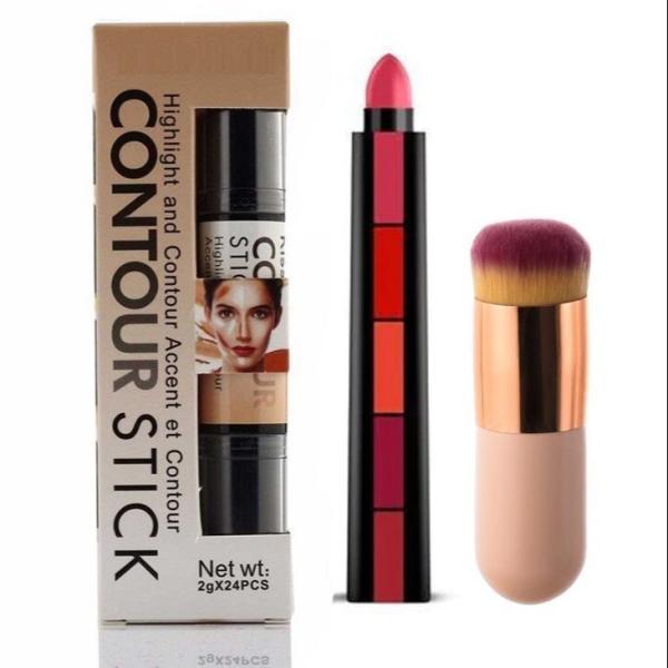 Makeup Bundle: 3 Chubby Pier Foundation Brushes + Wonder Contour Stick + 5-in-1 Lipstick Set