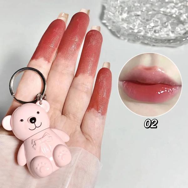 Gloss Texture Lip Glaze with Bear Paradise Velvet Keychain - Long Lasting Lip Mud Lipstick for Women & Girls