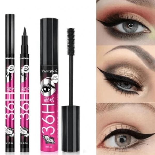 Pack of 2 Liquid Eyeliner Pencil and Waterproof Mascara Set for Makeup Beauty