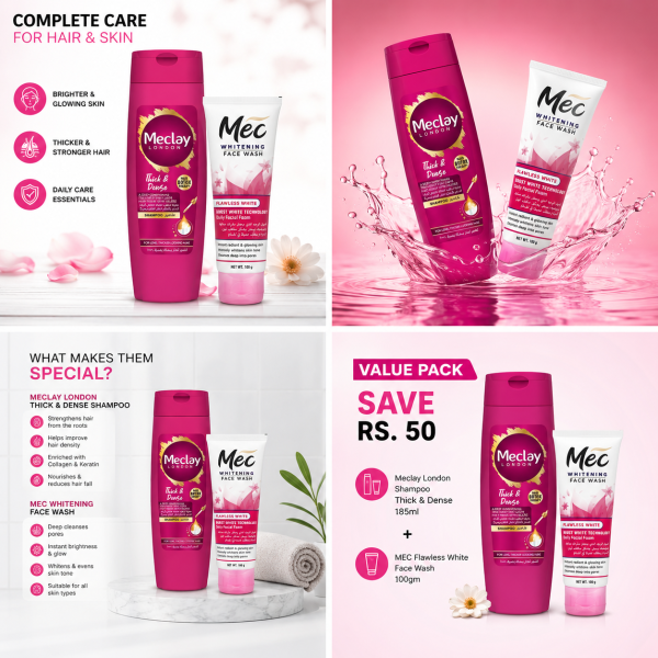 MEC Flawless White Face Wash 100gm + Meclay London Thick & Dense Shampoo 185ml