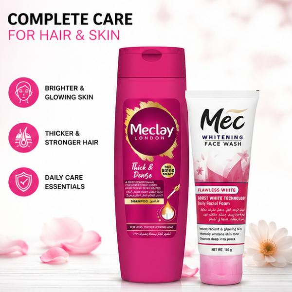 MEC Flawless White Face Wash 100gm + Meclay London Thick & Dense Shampoo 185ml