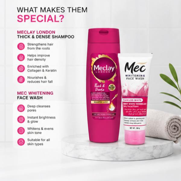 MEC Flawless White Face Wash 100gm + Meclay London Thick & Dense Shampoo 185ml