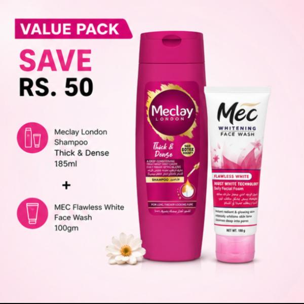 MEC Flawless White Face Wash 100gm + Meclay London Thick & Dense Shampoo 185ml