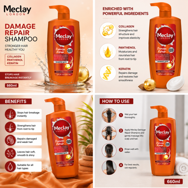 Meclay London Damage Repair Shampoo 660ml Strengthening Hair Care