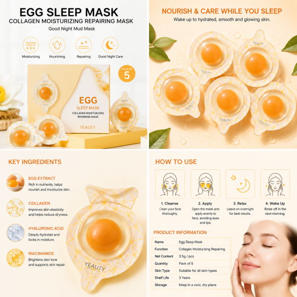 Pack of 5 Egg Collagen Sleeping Masks Moisturizing Repairing Night Mask