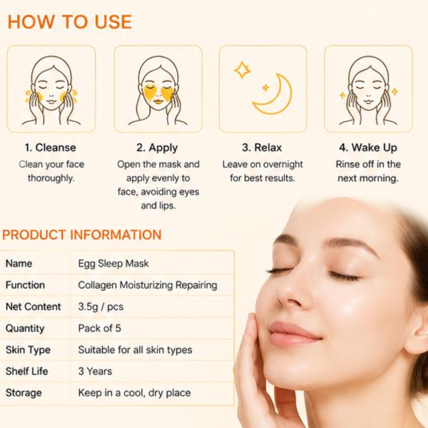 Pack of 5 Egg Collagen Sleeping Masks Moisturizing Repairing Night Mask