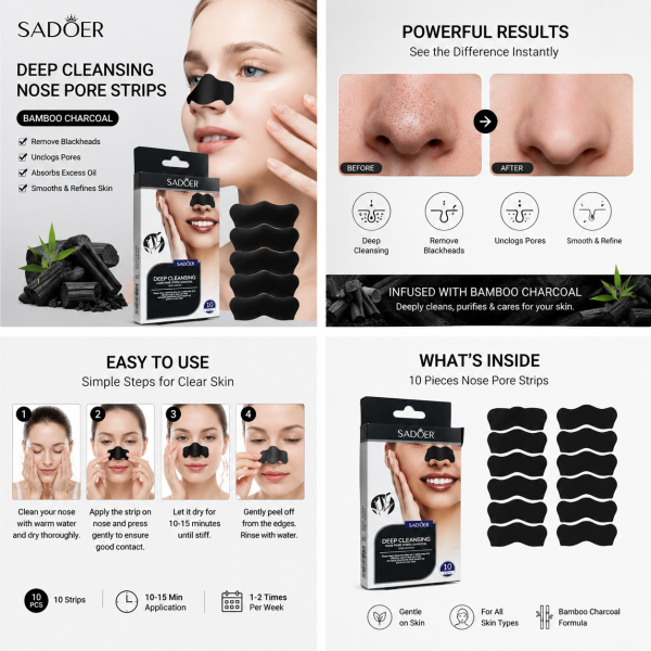SADOER Bamboo Charcoal Nose Strips 10Pcs Peel Off Blackhead Remover