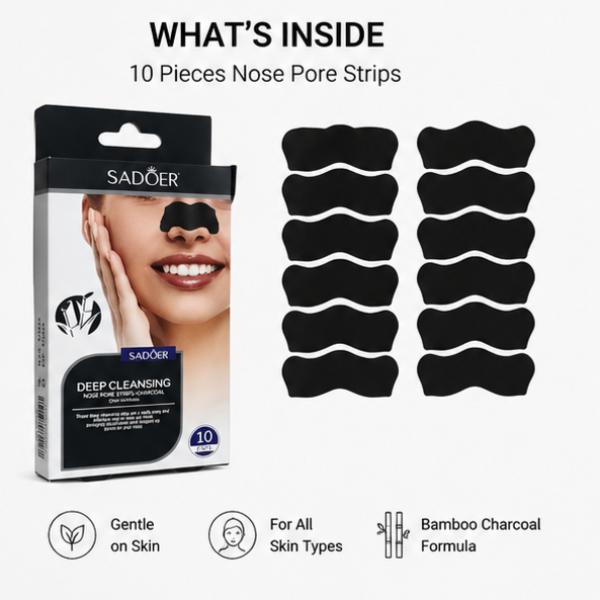 SADOER Bamboo Charcoal Nose Strips 10Pcs Peel Off Blackhead Remover
