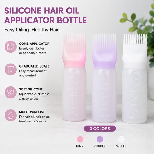 Silicone Hair Oil Applicator Bottle with Comb Graduated Scale 3 Colors
