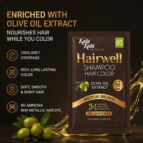 KalaKola Hairwell Medium Brown Hair Color Shampoo Sachet – 3-in-1