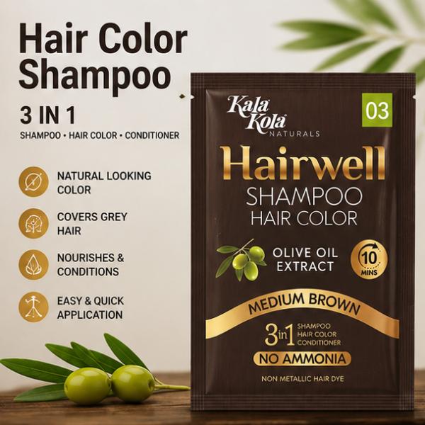 KalaKola Hairwell Medium Brown Hair Color Shampoo Sachet – 3-in-1