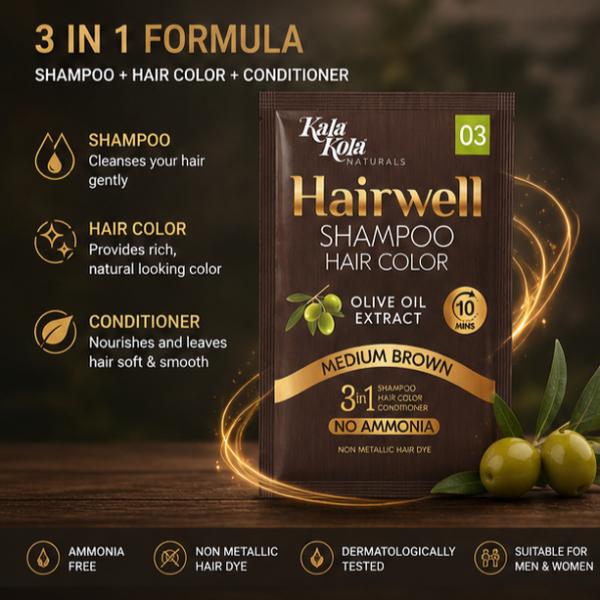 KalaKola Hairwell Medium Brown Hair Color Shampoo Sachet – 3-in-1