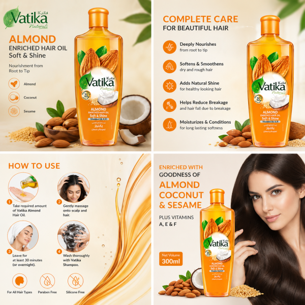 Vatika Almond Hair Oil 300ml with Almond, Coconut & Sesame Nourishment