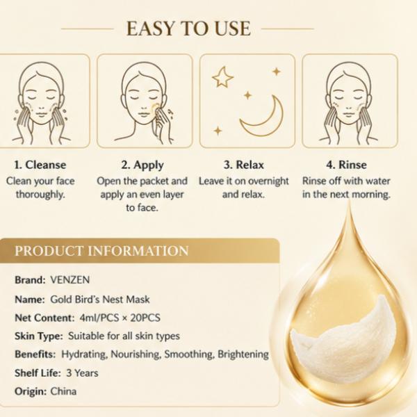 VENZEN Gold Bird's Nest Sleeping Mask 4ml x 20 Hydrating Nourishing